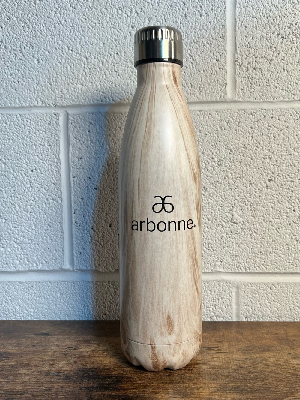 Arbonne Water Bottle Bottle Neck Screw Top Metal Beige
